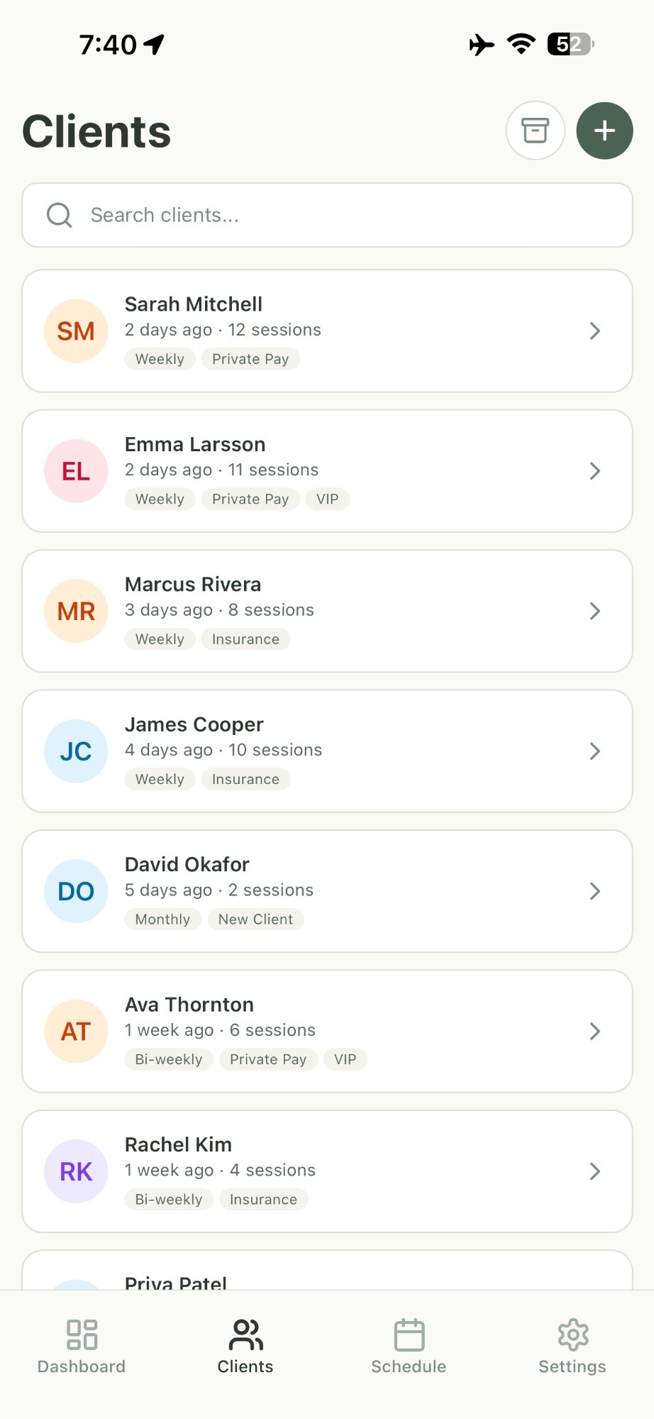 TinyPractice therapist practice management app showing client list