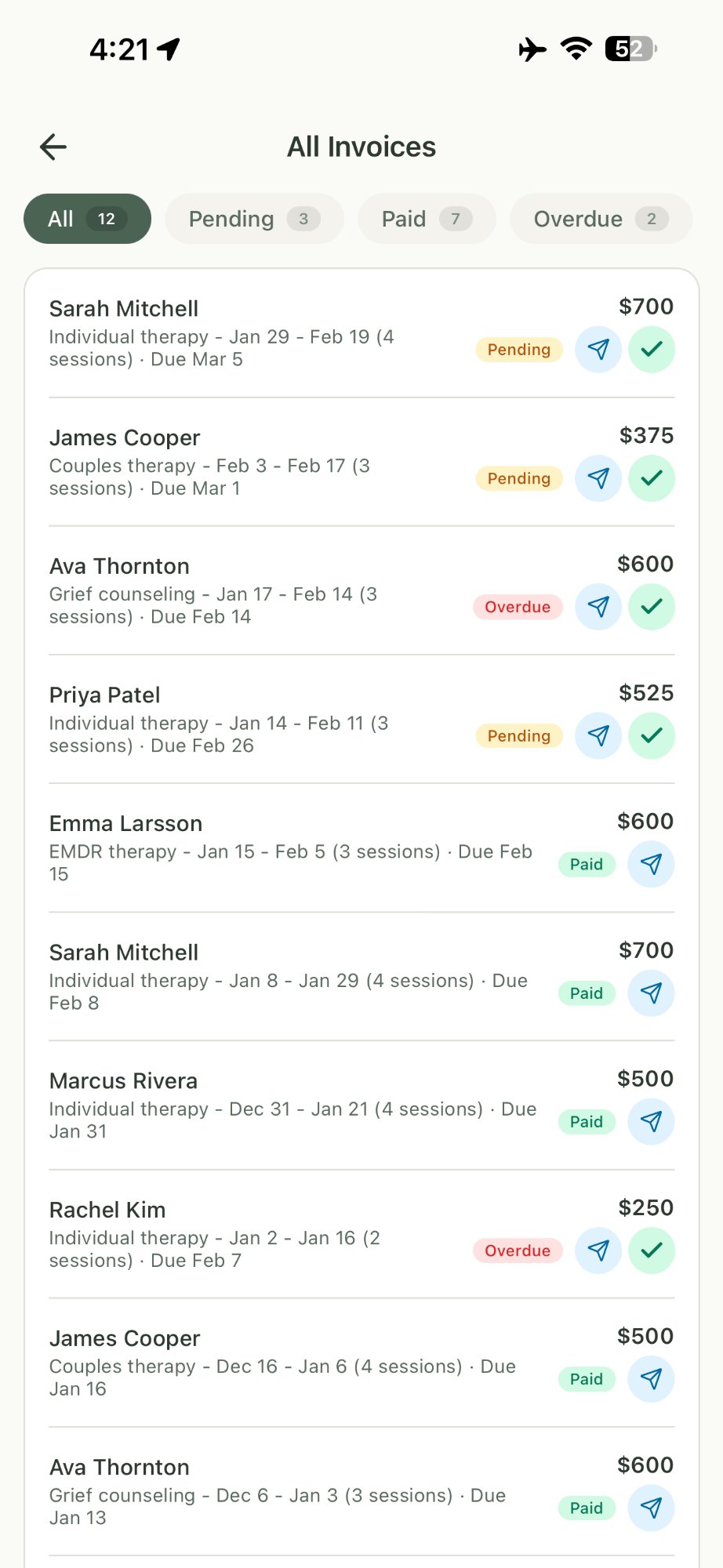 TinyPractice therapist invoicing screen showing 12 invoices filtered by all, pending, paid, and overdue with one-tap email and mark-paid buttons
