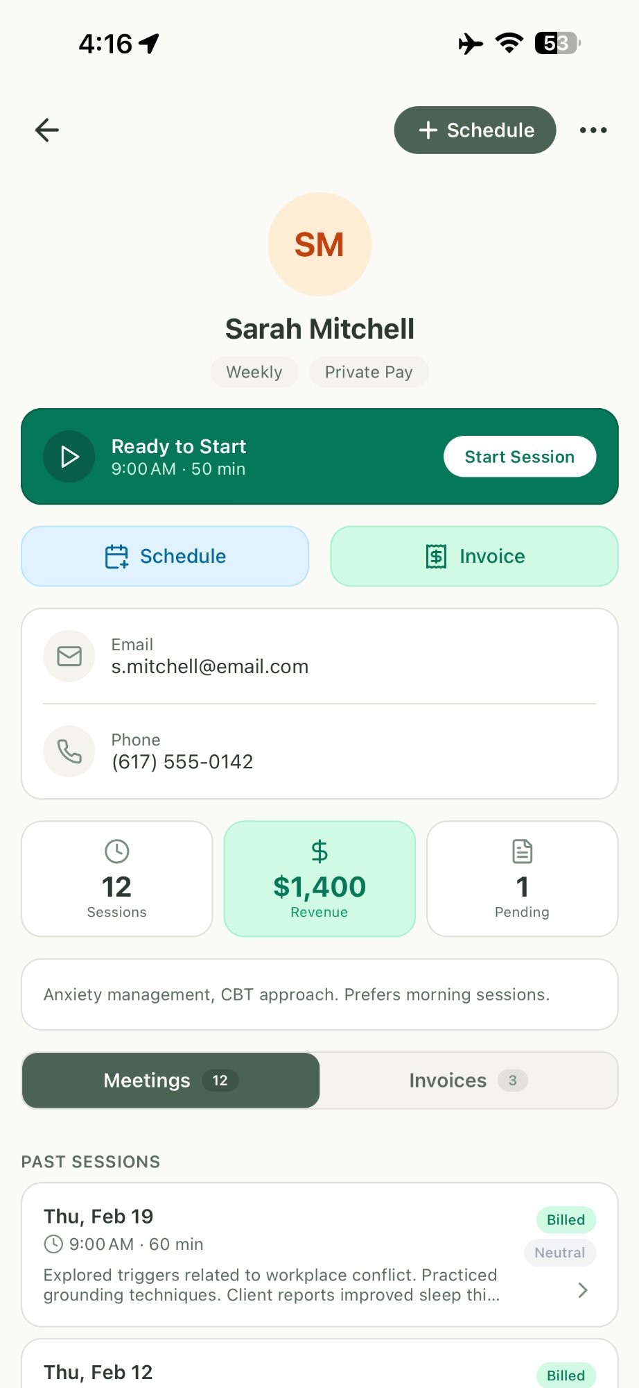 TinyPractice client detail screen showing session history, revenue tracking, contact info, scheduling, and invoicing for a therapy client